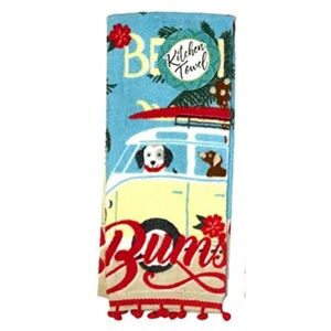 Beach Bum VW Dogs Kitchen Towel with Red Pom-Pom Trim